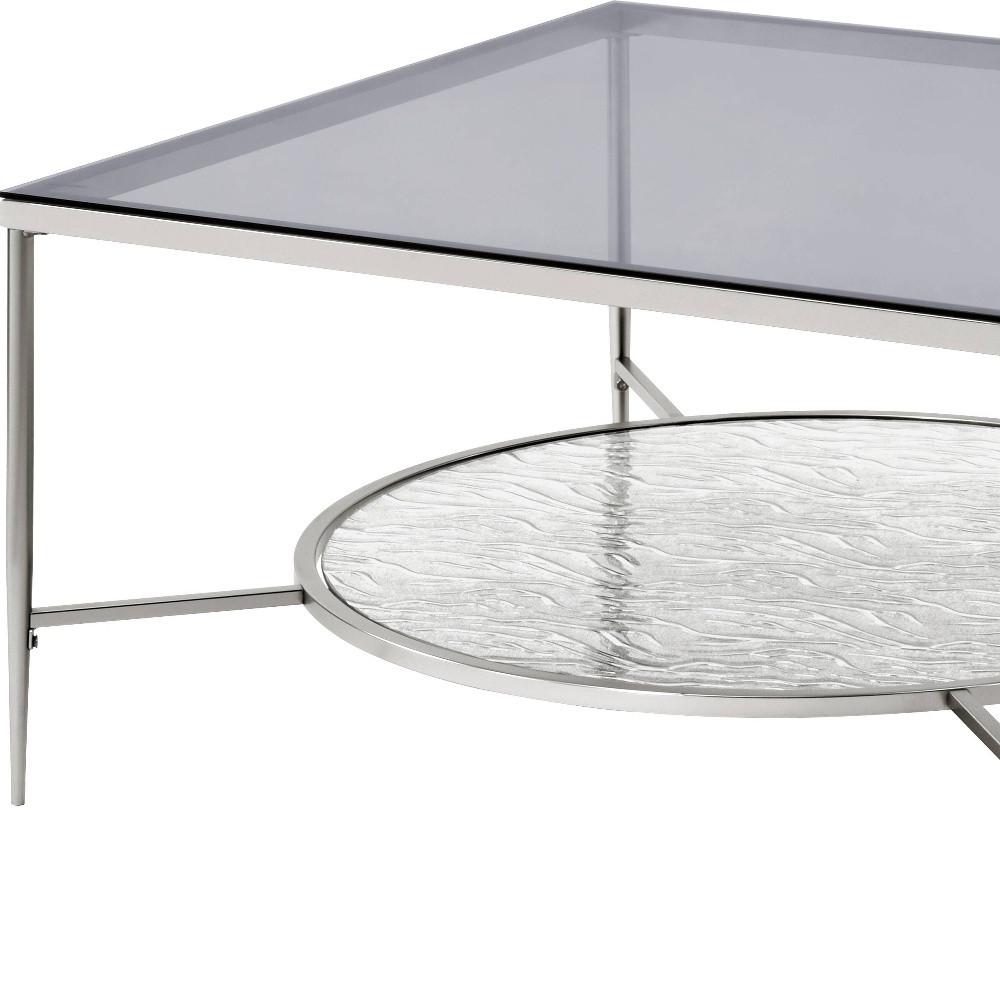 32" Chrome And Clear Glass Square Coffee Table With Shelf. Picture 5