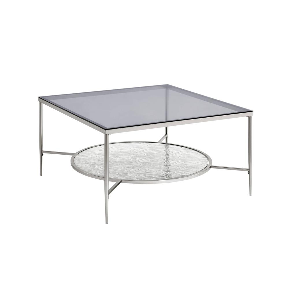32" Chrome And Clear Glass Square Coffee Table With Shelf. Picture 1