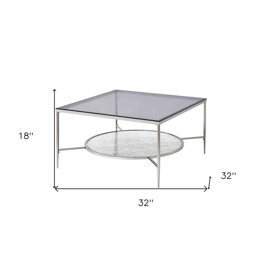 32" Chrome And Clear Glass Square Coffee Table With Shelf. Picture 6