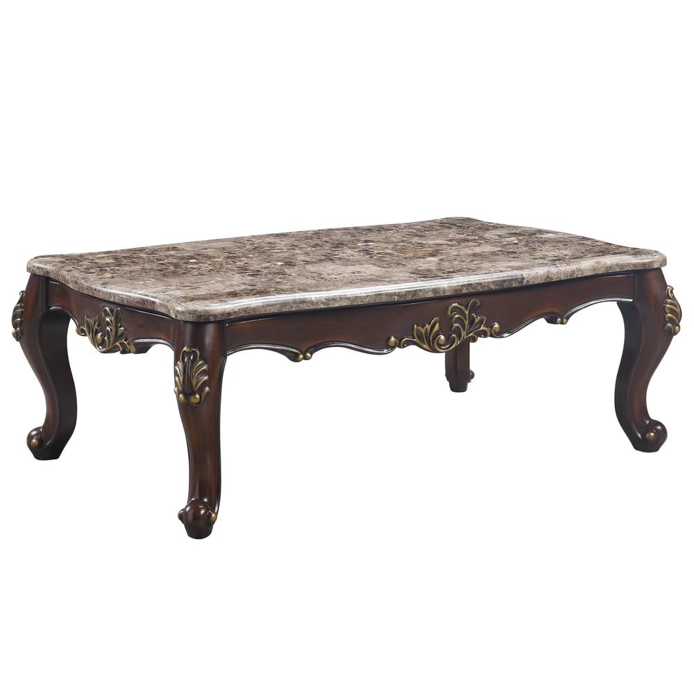 56" Cherry And Marble Faux Marble And Solid Wood Rectangular Coffee Table. Picture 1