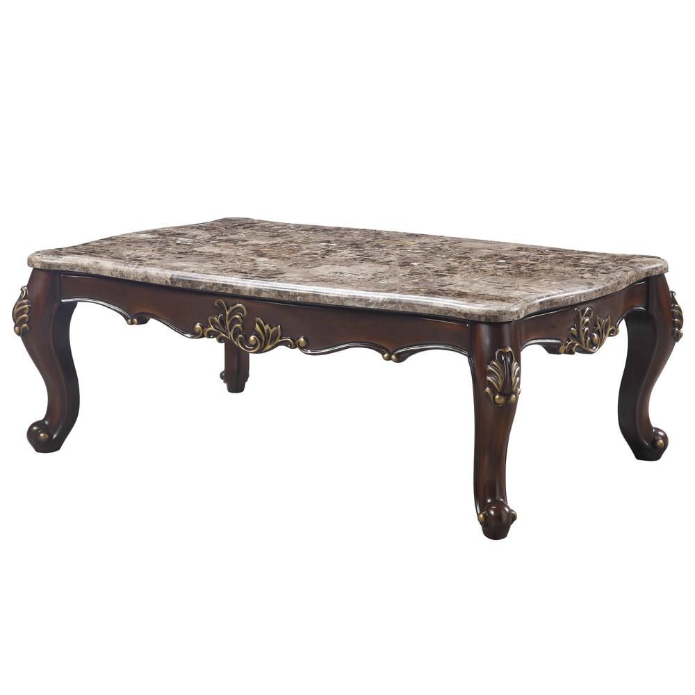 56" Cherry And Marble Faux Marble And Solid Wood Rectangular Coffee Table. Picture 3