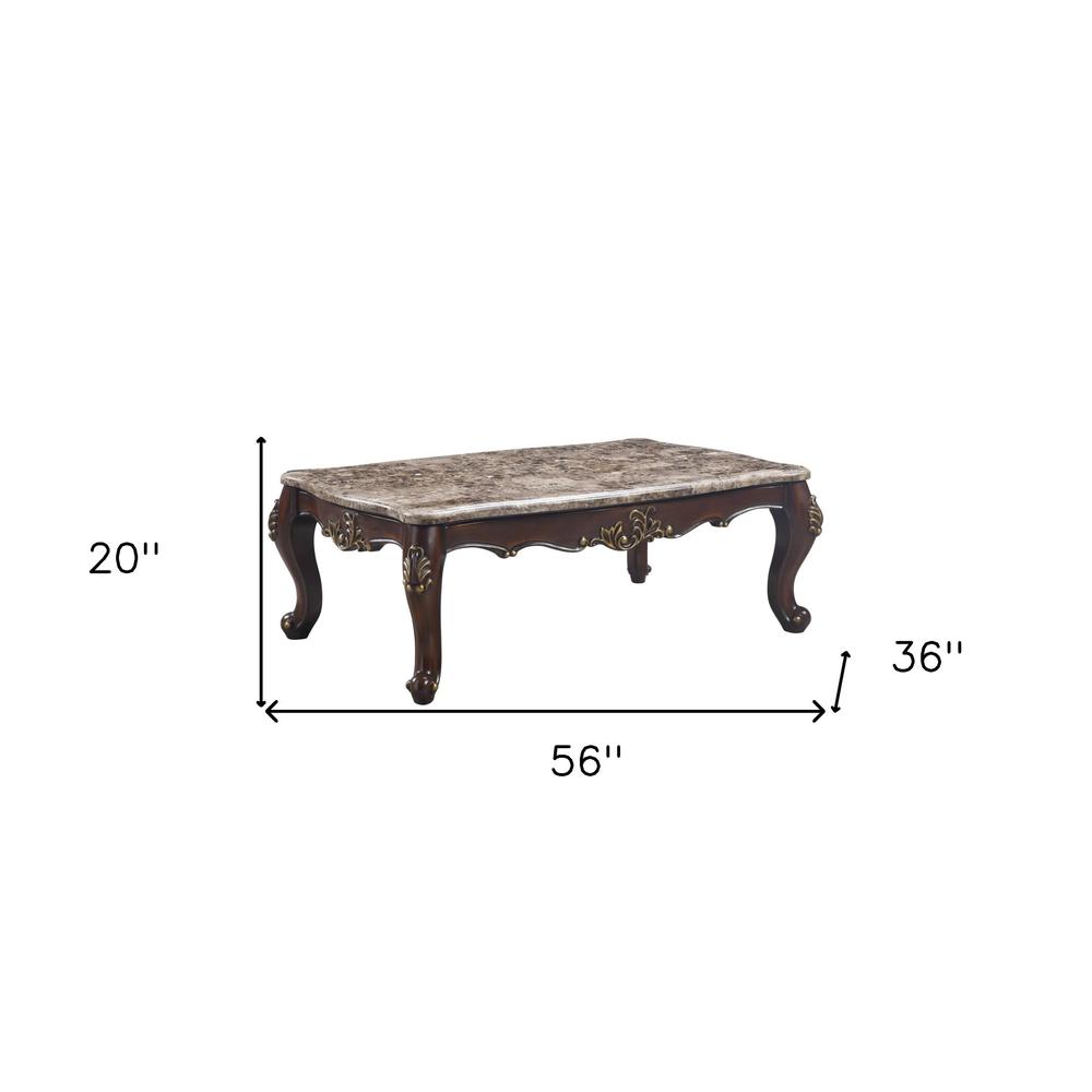 56" Cherry And Marble Faux Marble And Solid Wood Rectangular Coffee Table. Picture 8
