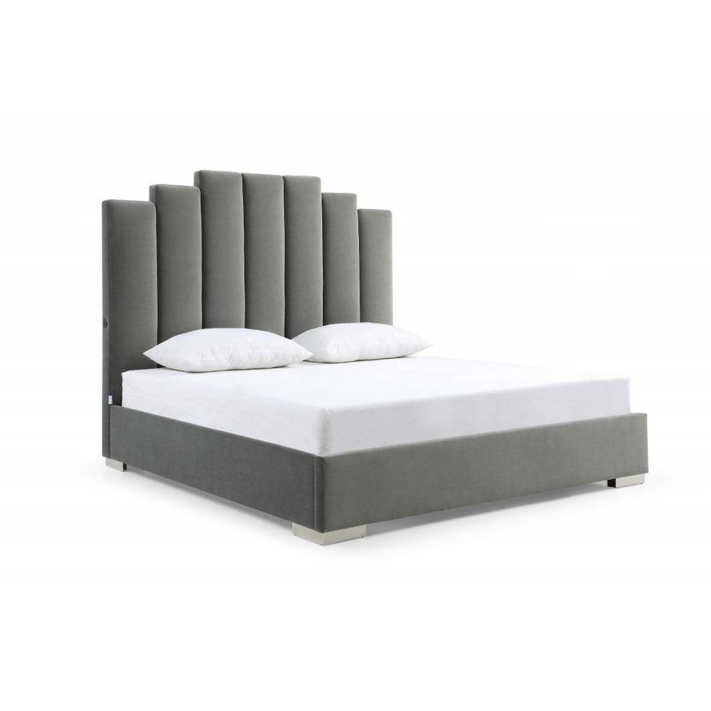 Queen Grey Upholstered Vertical Channel Velvet Bed with USB. Picture 1