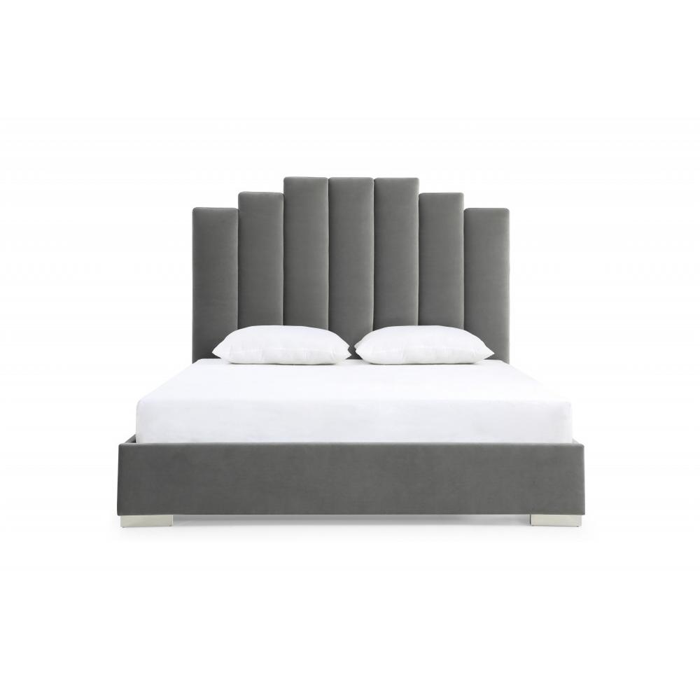 Queen Grey Upholstered Vertical Channel Velvet Bed with USB. Picture 2