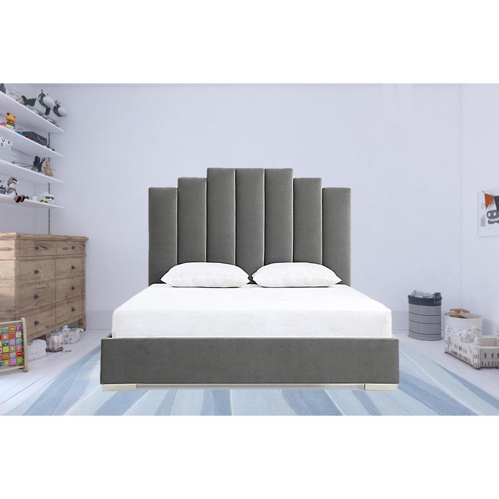 Queen Grey Upholstered Vertical Channel Velvet Bed with USB. Picture 3