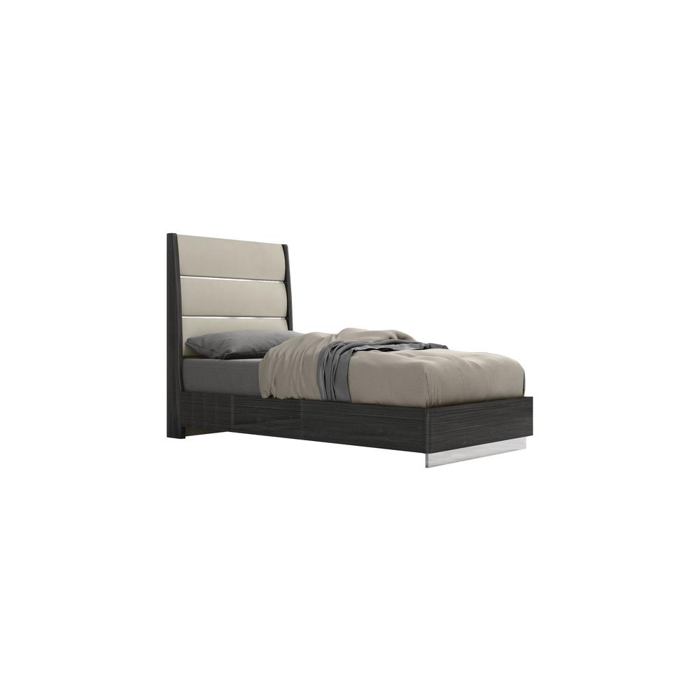 Twin Dark Grey High Gloss Bed Frame with Faux Leather Headboard. Picture 2