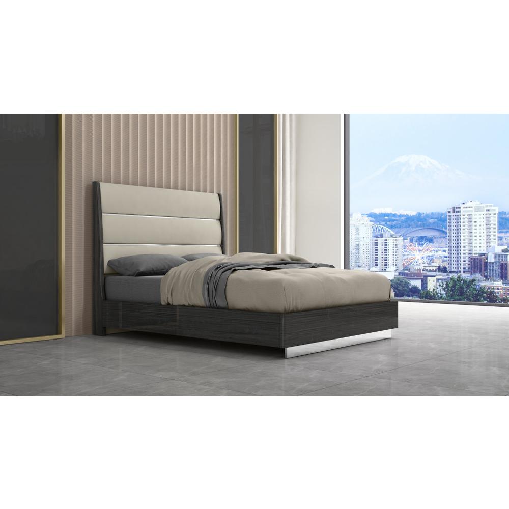 Queen Dark Grey High Gloss Bed Frame with Faux Leather Headboard. Picture 6