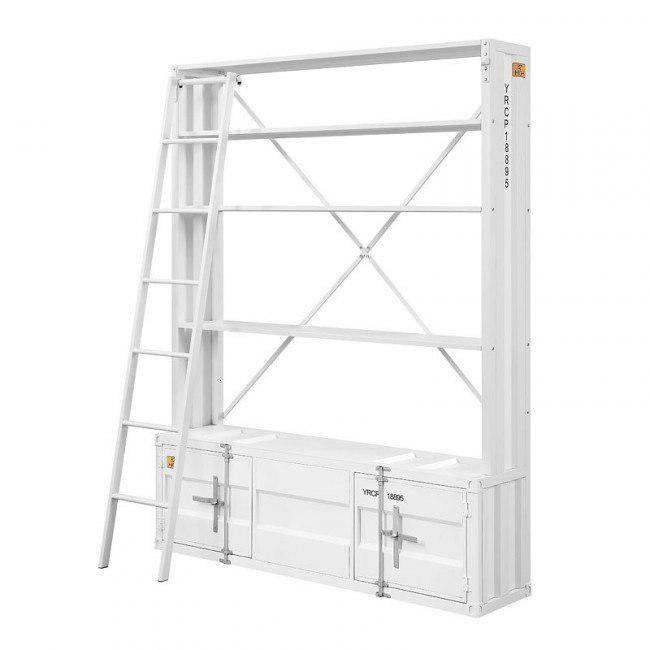 83" White Four Tier Cargo Style Bookcase with Cabinets and Ladder. Picture 5