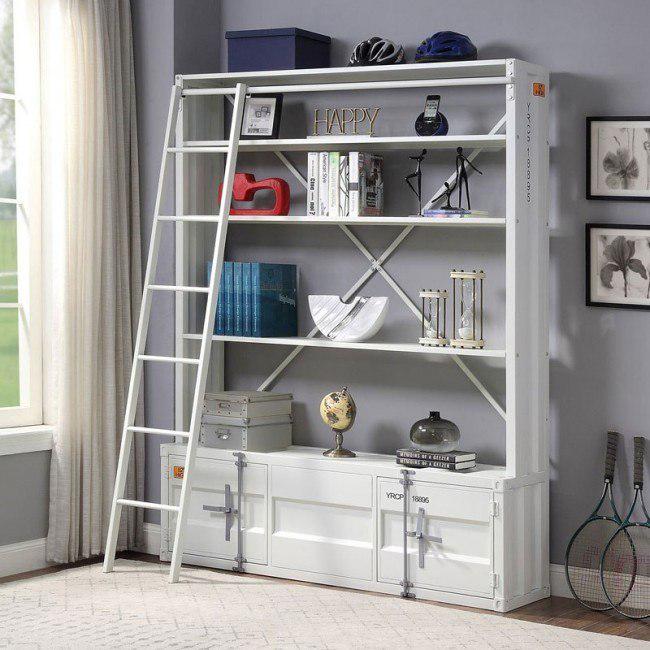 83" White Four Tier Cargo Style Bookcase with Cabinets and Ladder. Picture 4