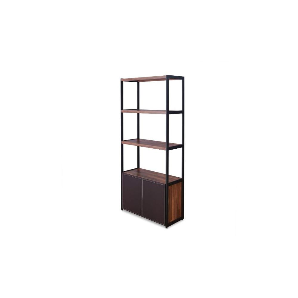 70" Brown and Black Metal Three Tier Bookcase with Two doors. Picture 2