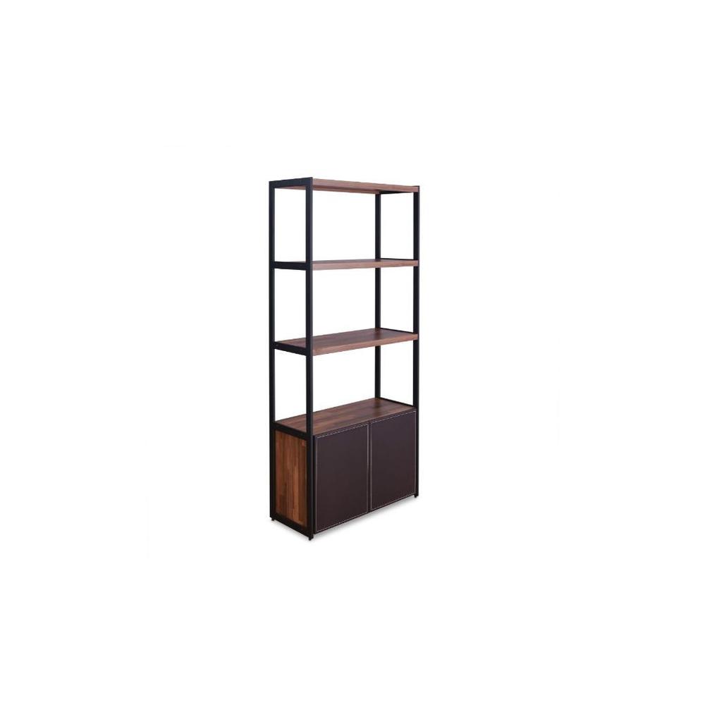 70" Brown and Black Metal Three Tier Bookcase with Two doors. Picture 1