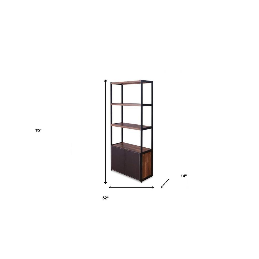 70" Brown and Black Metal Three Tier Bookcase with Two doors. Picture 6