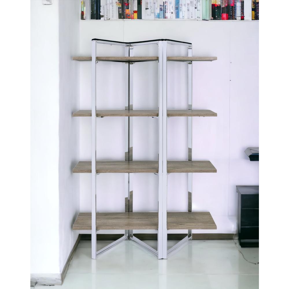 72" Brown and Silver Metal Four Tier Etagere Bookcase. Picture 3