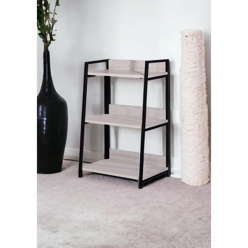 37" Natural and Black Metal Three Tier Ladder Bookcase. Picture 2