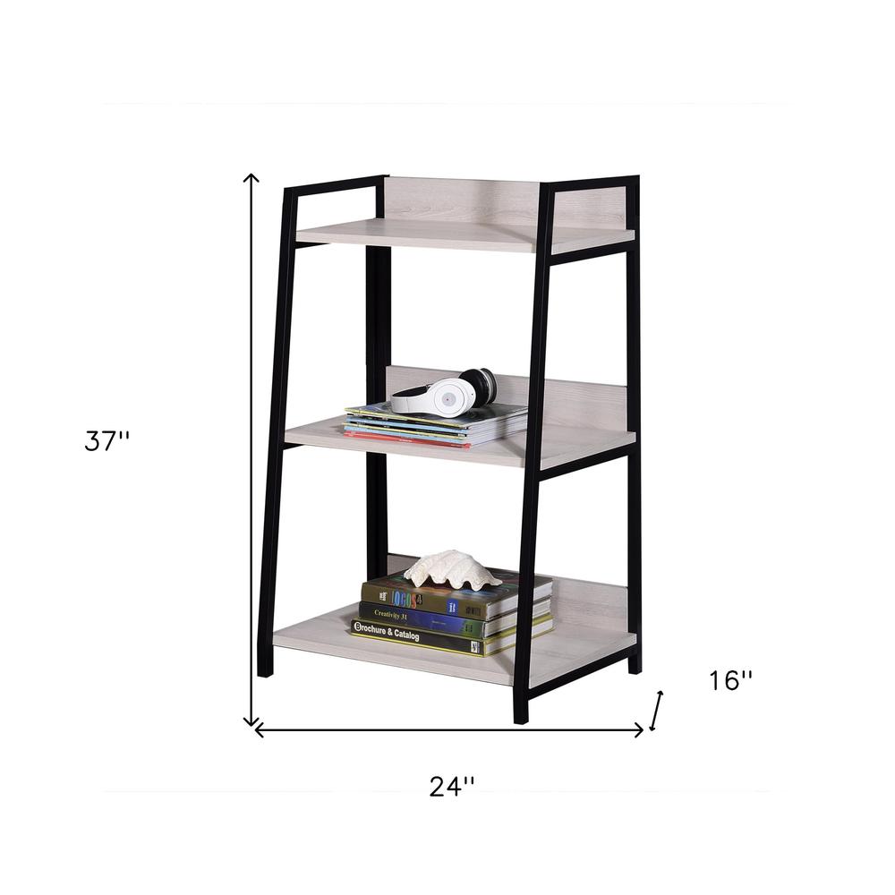 37" Natural and Black Metal Three Tier Ladder Bookcase. Picture 6