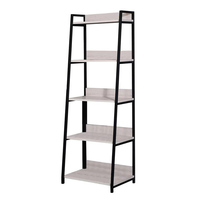 67" Natural and Black Metal Five Tier Ladder Bookcase. Picture 2