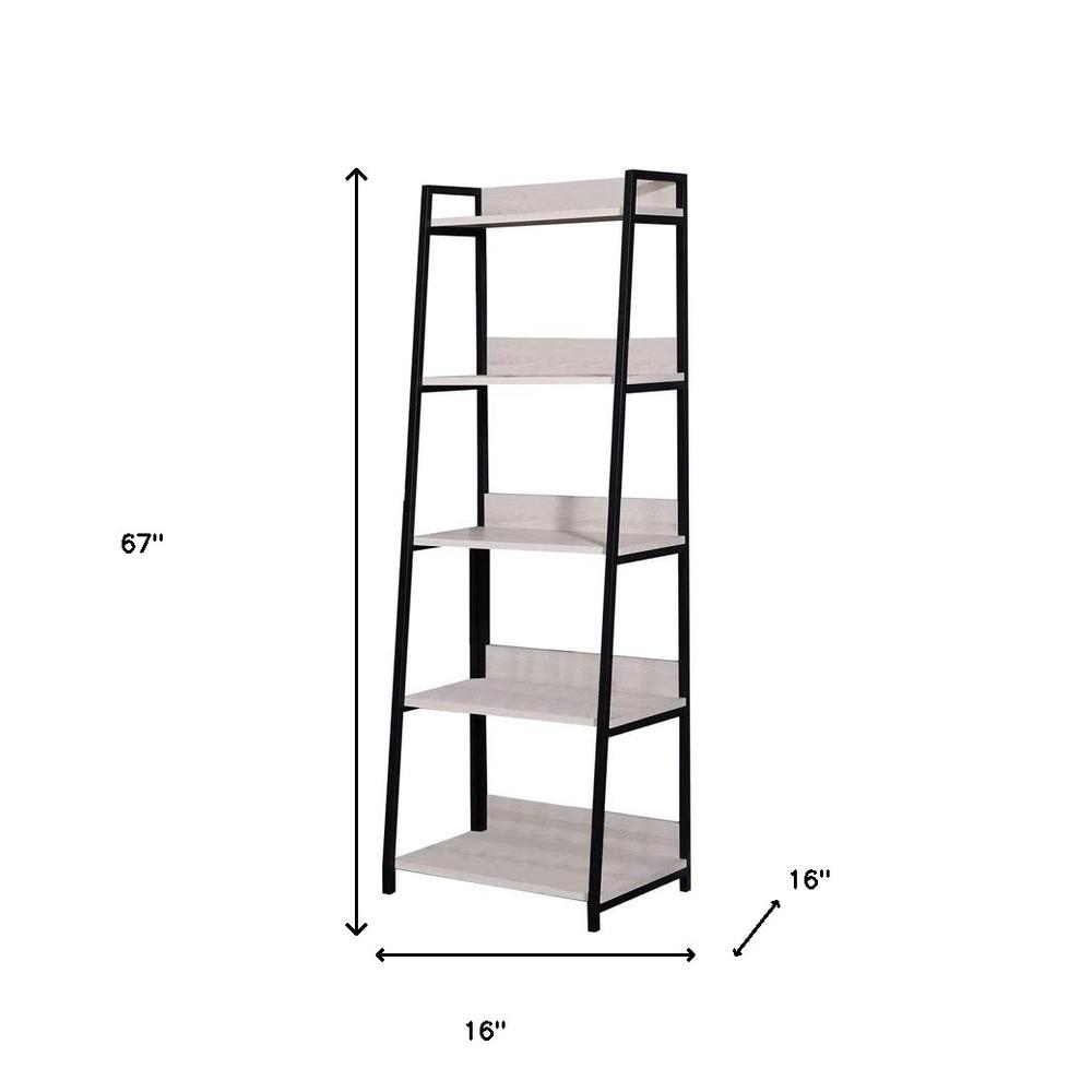 67" Natural and Black Metal Five Tier Ladder Bookcase. Picture 5