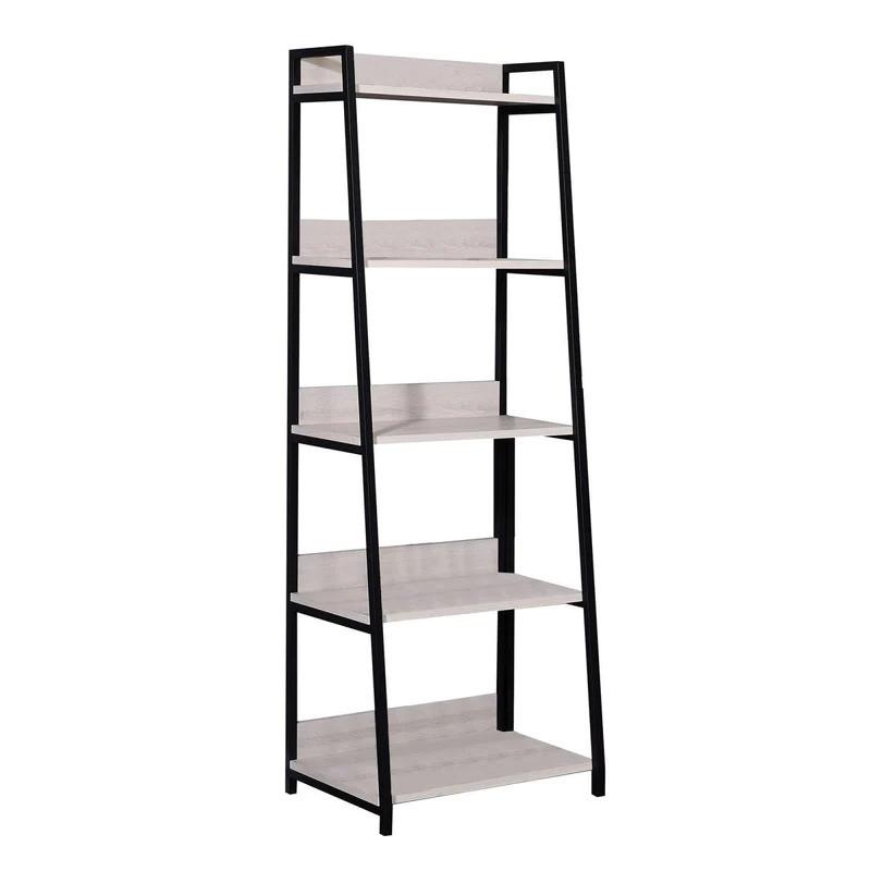 67" Natural and Black Metal Five Tier Ladder Bookcase. Picture 1