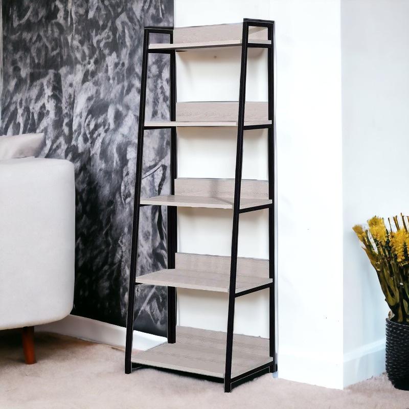 67" Natural and Black Metal Five Tier Ladder Bookcase. Picture 3