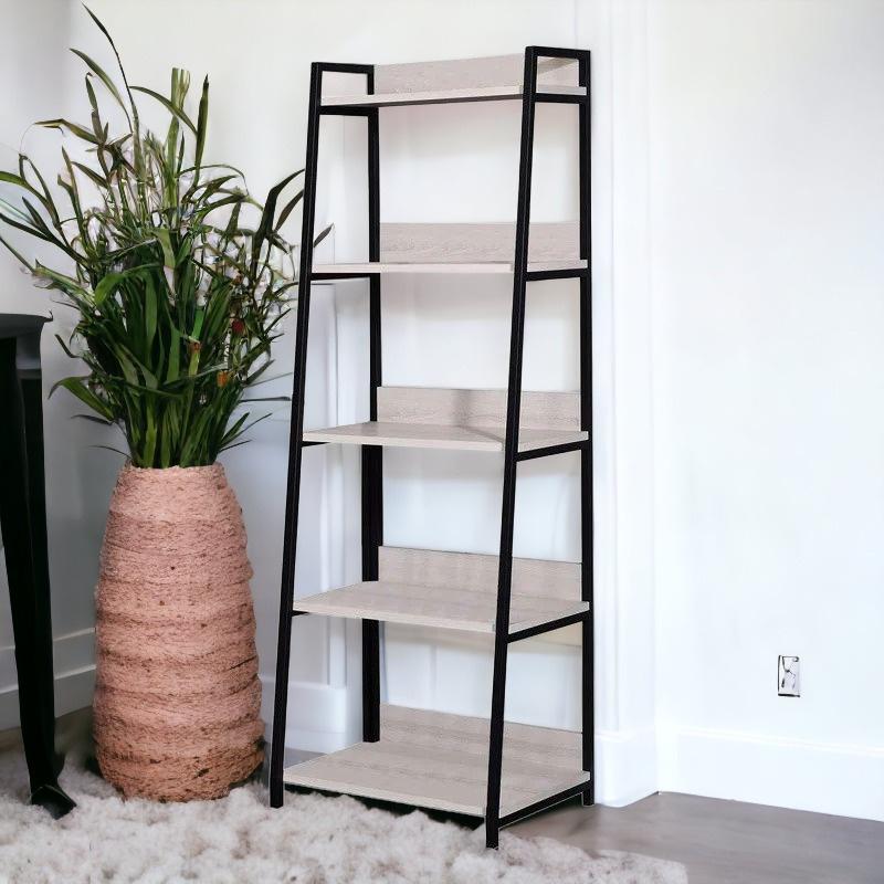 67" Natural and Black Metal Five Tier Ladder Bookcase. Picture 4