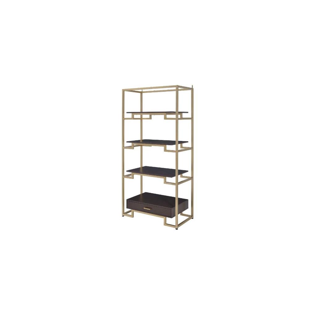 78" Gold and Black Metal Four Tier Etagere Bookcase with a Drawer. Picture 2
