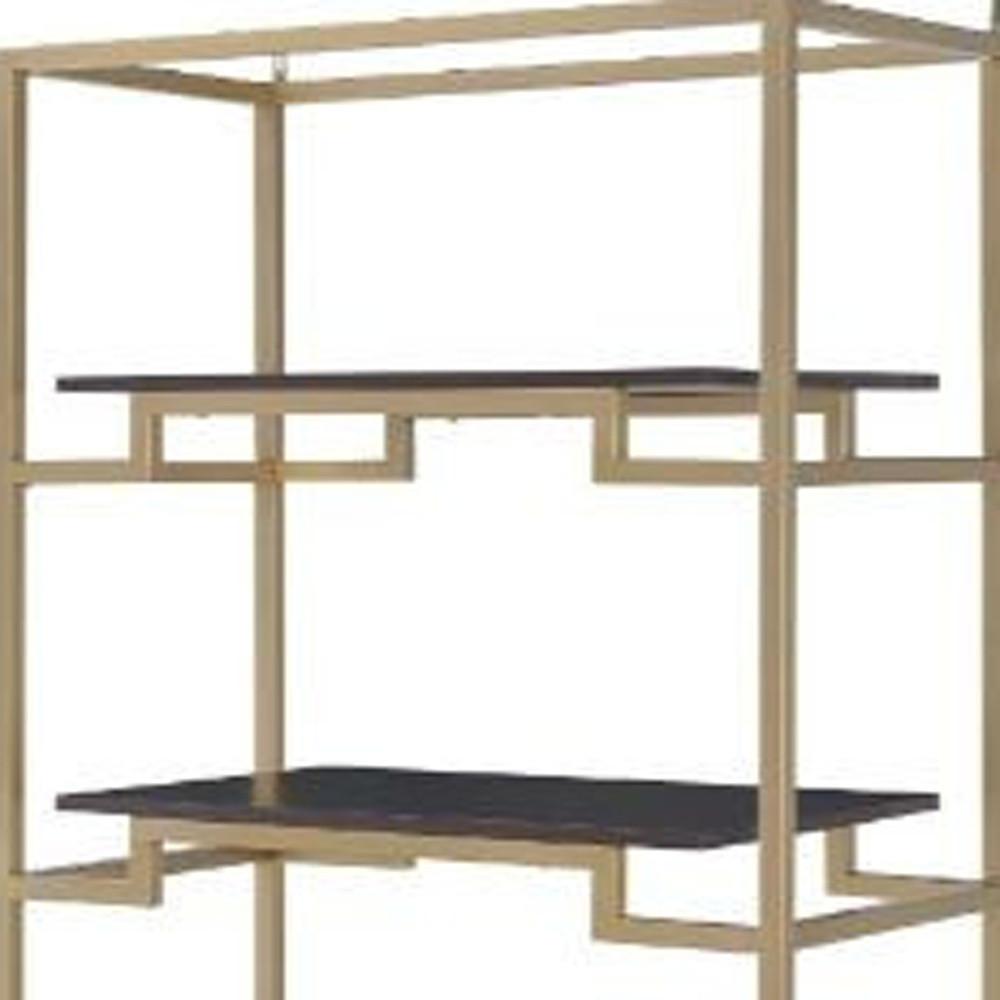 78" Gold and Black Metal Four Tier Etagere Bookcase with a Drawer. Picture 5