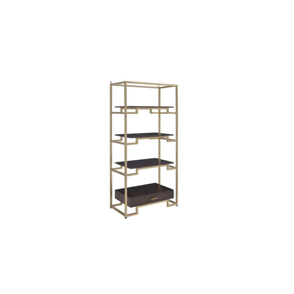 78" Gold and Black Metal Four Tier Etagere Bookcase with a Drawer. Picture 1