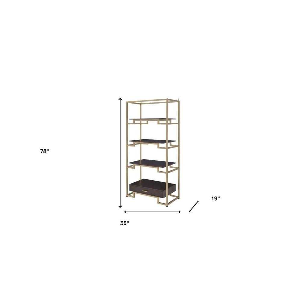 78" Gold and Black Metal Four Tier Etagere Bookcase with a Drawer. Picture 6