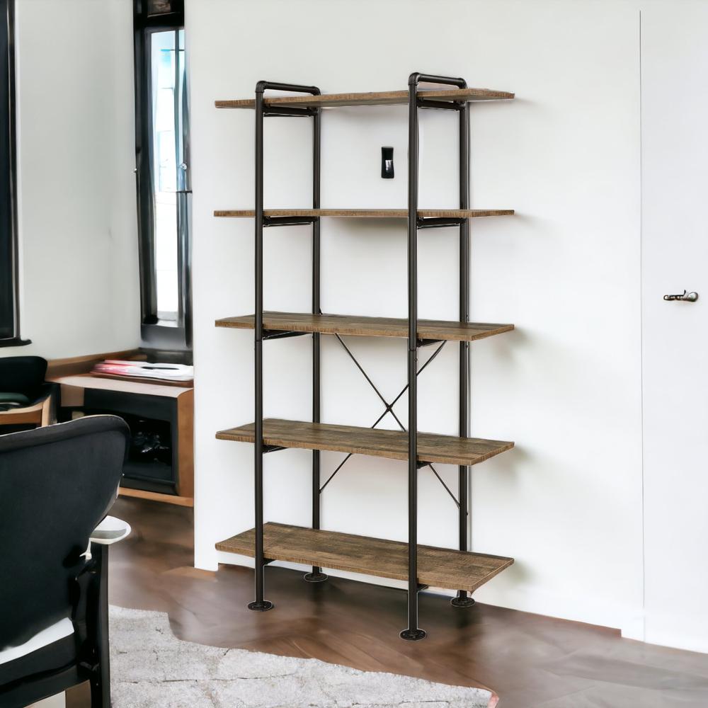 73" Brown and Black Metal Five Tier Etagere Bookcase. Picture 4