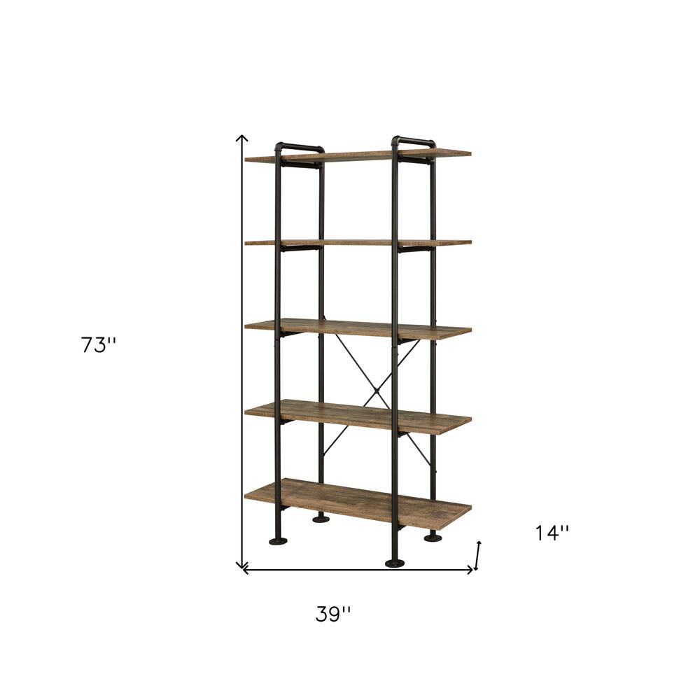 73" Brown and Black Metal Five Tier Etagere Bookcase. Picture 8