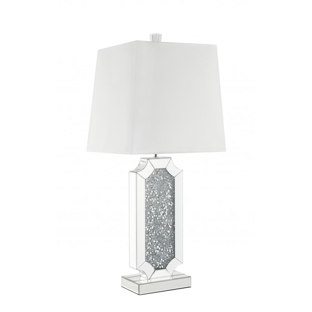 33" Mirrored Glass Faux Crystals Table Lamp With White Square Shade. Picture 1