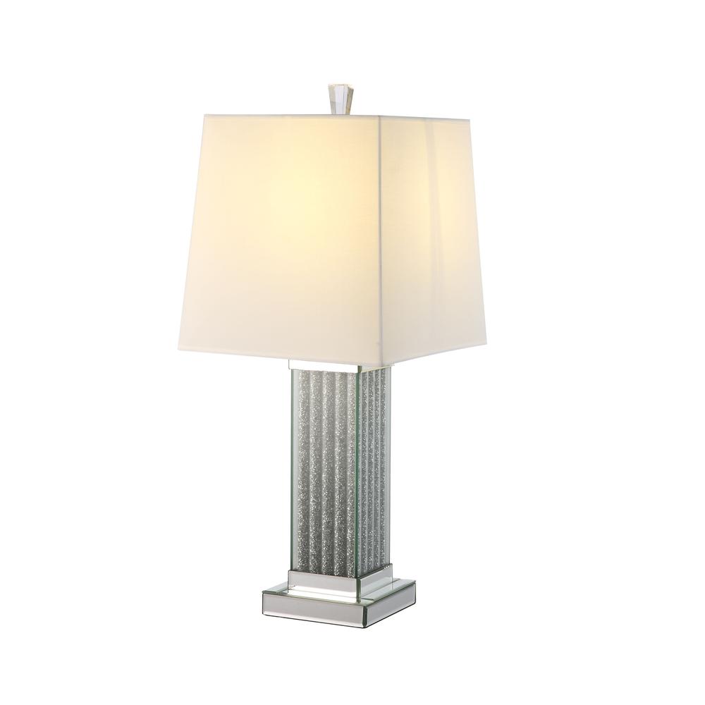 30" Mirrored Glass and Faux Stone Column Table Lamp With White Square Shade. Picture 1