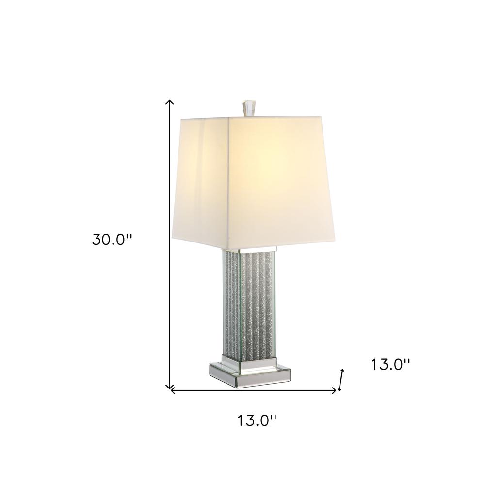 30" Mirrored Glass and Faux Stone Column Table Lamp With White Square Shade. Picture 6