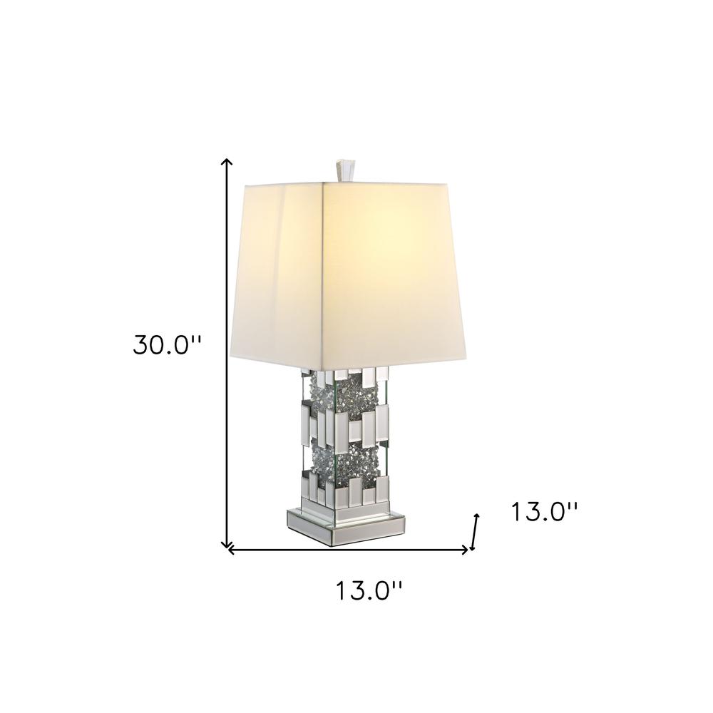 30" Mirrored Glass and Faux Crystal Geo Table Lamp With White Square Shade. Picture 6