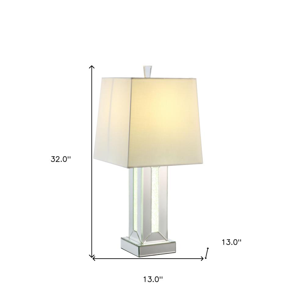 32" Mirrored Glass and Faux Crystal Table Lamp With White Square Shade. Picture 6
