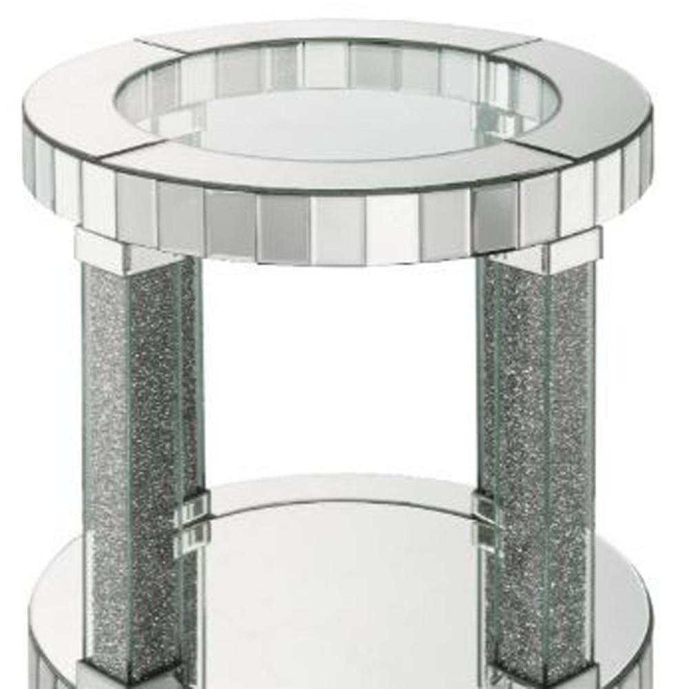 24" Clear Glass And Mirrored Round End Table With Shelf. Picture 4