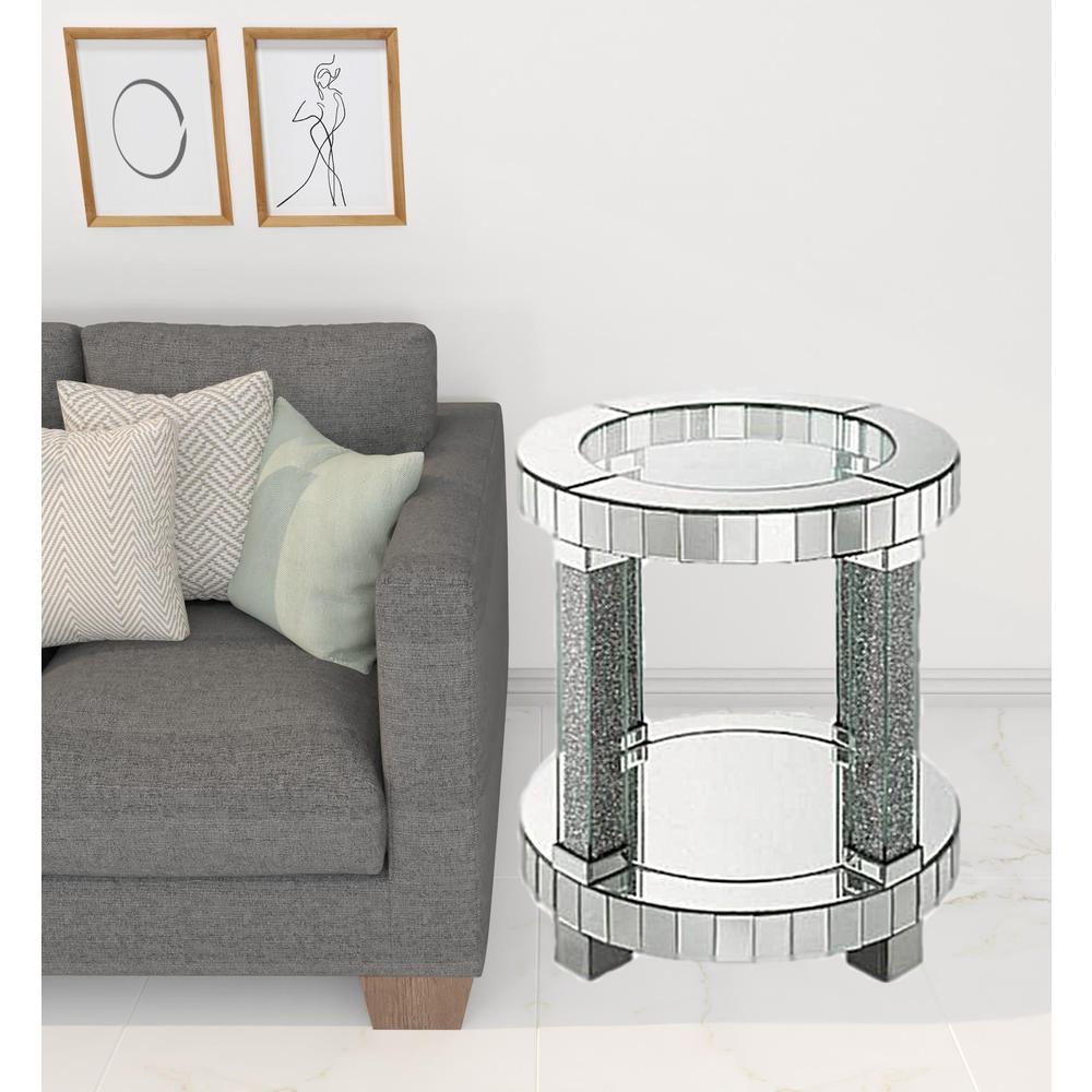 24" Clear Glass And Mirrored Round End Table With Shelf. Picture 2