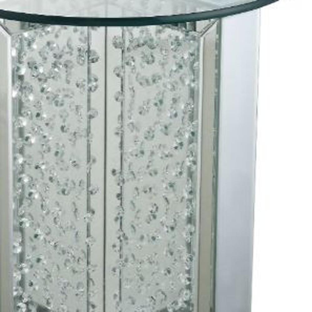 23" Clear Glass And Mirrored Round End Table With Drawer. Picture 3