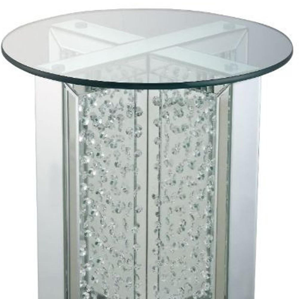 23" Clear Glass And Mirrored Round End Table With Drawer. Picture 4