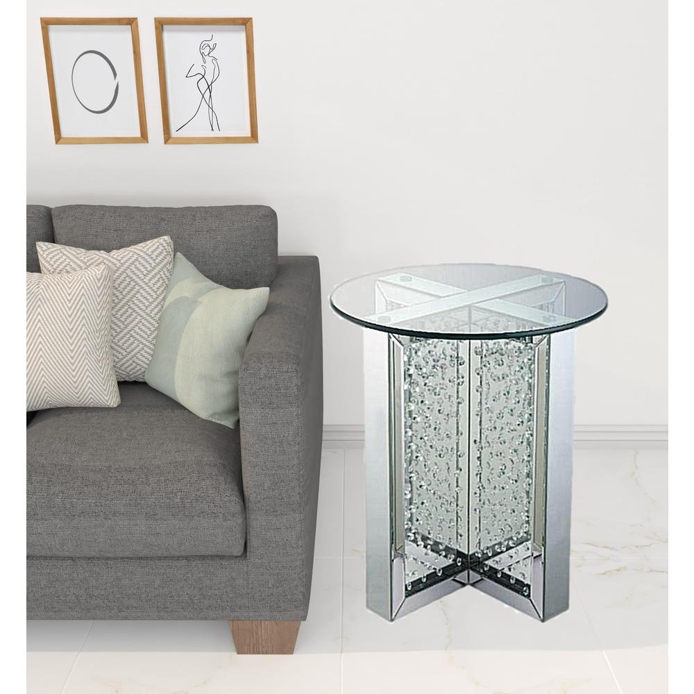 23" Clear Glass And Mirrored Round End Table With Drawer. Picture 2