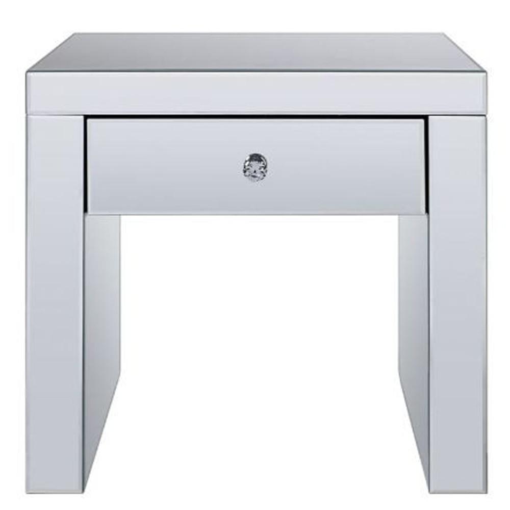 23" Silver Glass And Manufactured Wood Square Mirrored End Table With Drawer. Picture 4