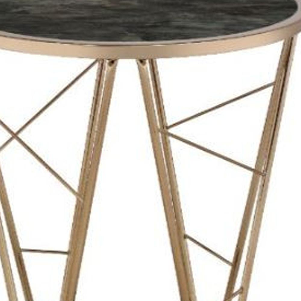 24" Champagne And Black Faux Marble Glass And Metal Round End Table. Picture 3