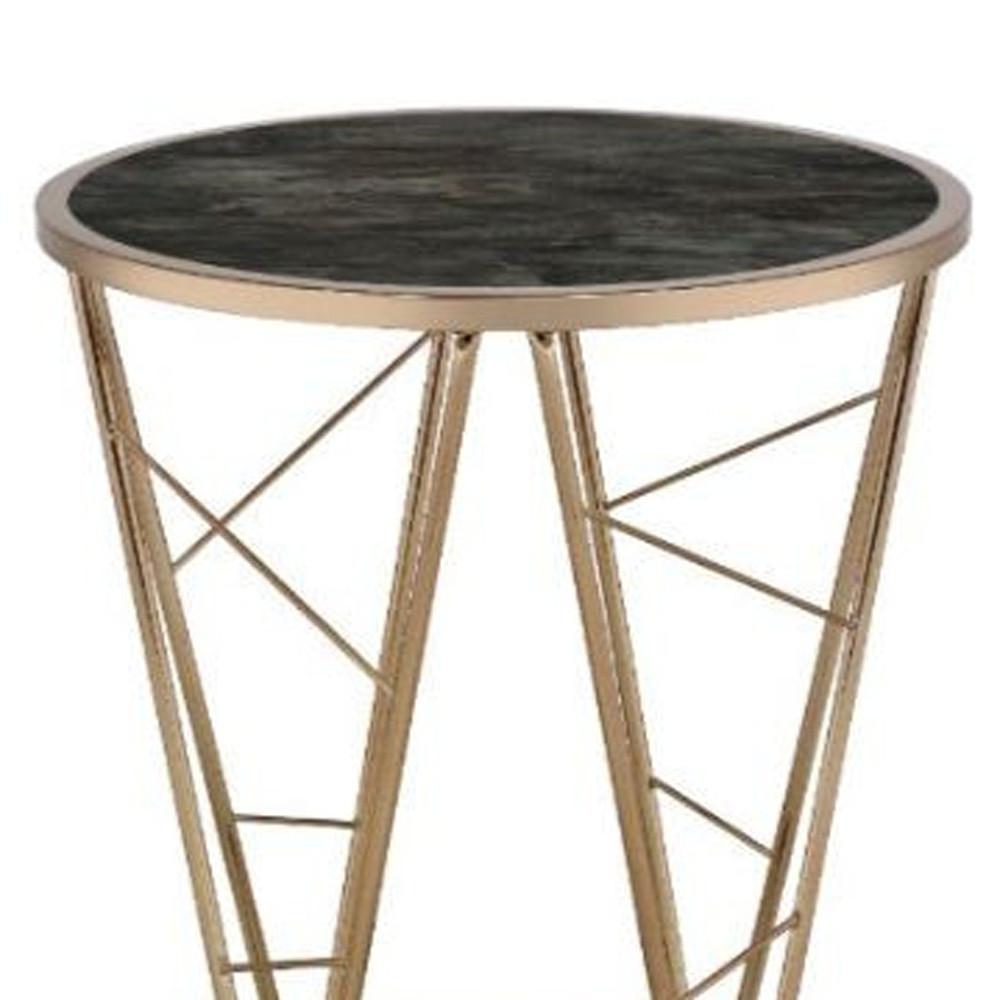 24" Champagne And Black Faux Marble Glass And Metal Round End Table. Picture 4