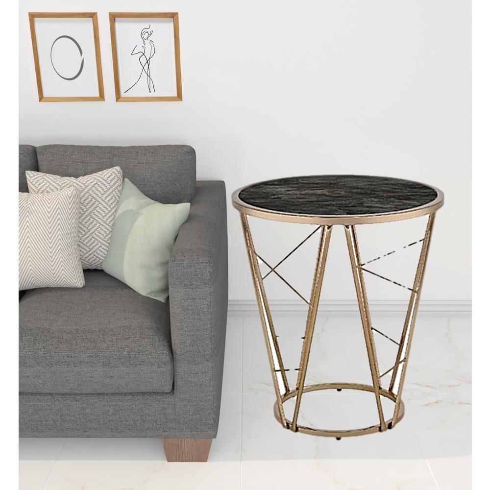 24" Champagne And Black Faux Marble Glass And Metal Round End Table. Picture 2