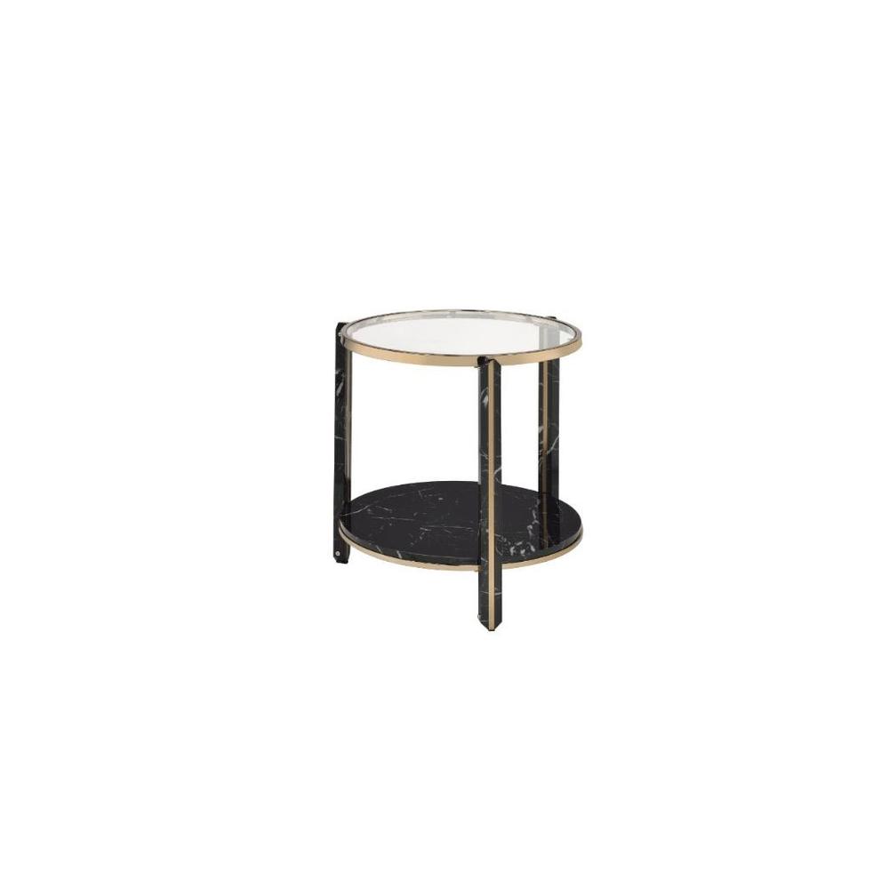 24" Champagne And Clear Glass And Metal Round End Table With Shelf. Picture 1