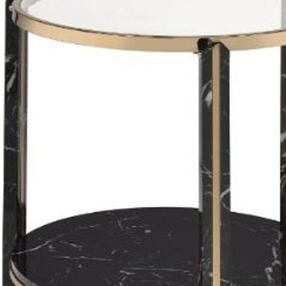 24" Champagne And Clear Glass And Metal Round End Table With Shelf. Picture 3