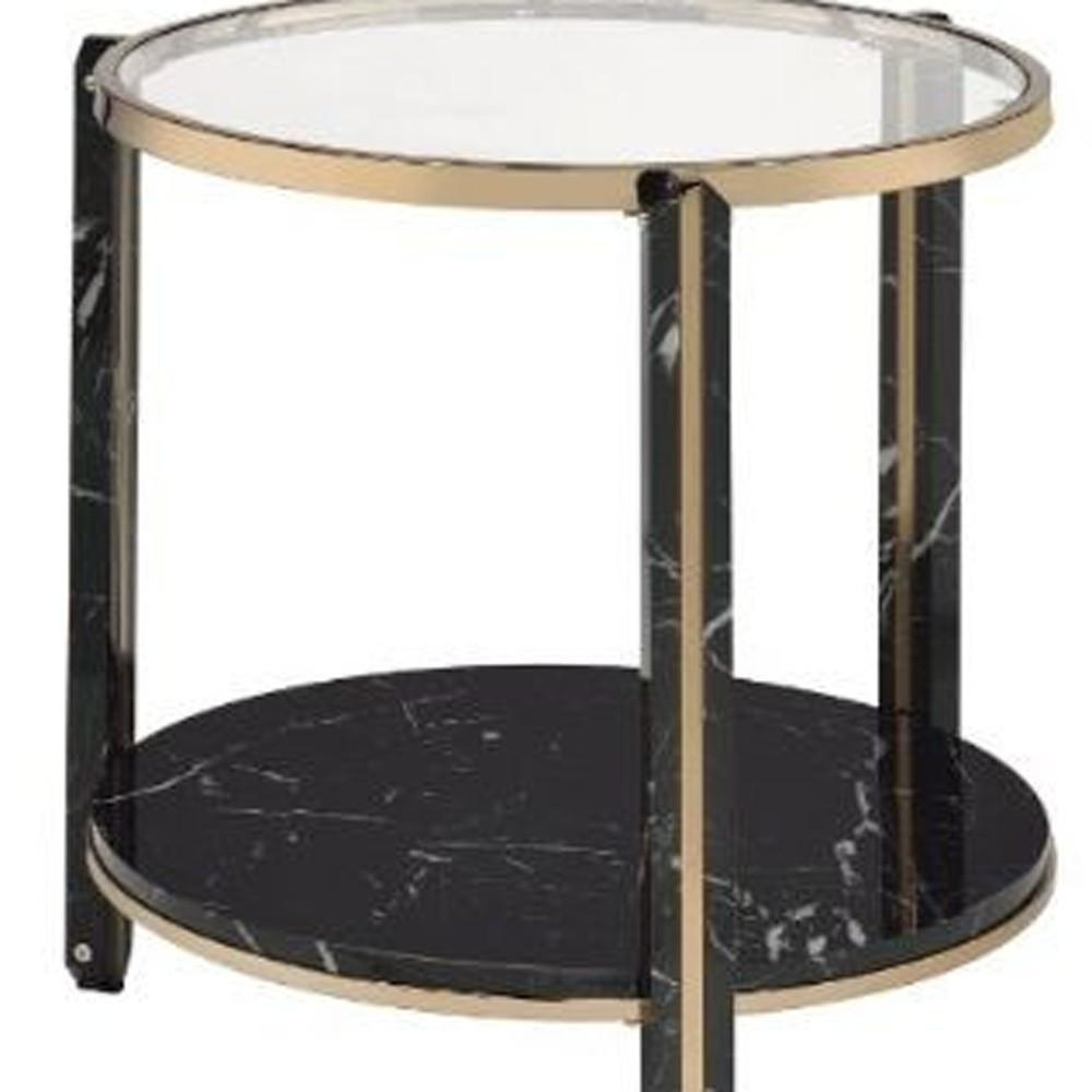 24" Champagne And Clear Glass And Metal Round End Table With Shelf. Picture 4