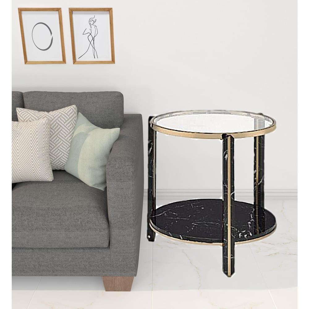 24" Champagne And Clear Glass And Metal Round End Table With Shelf. Picture 2