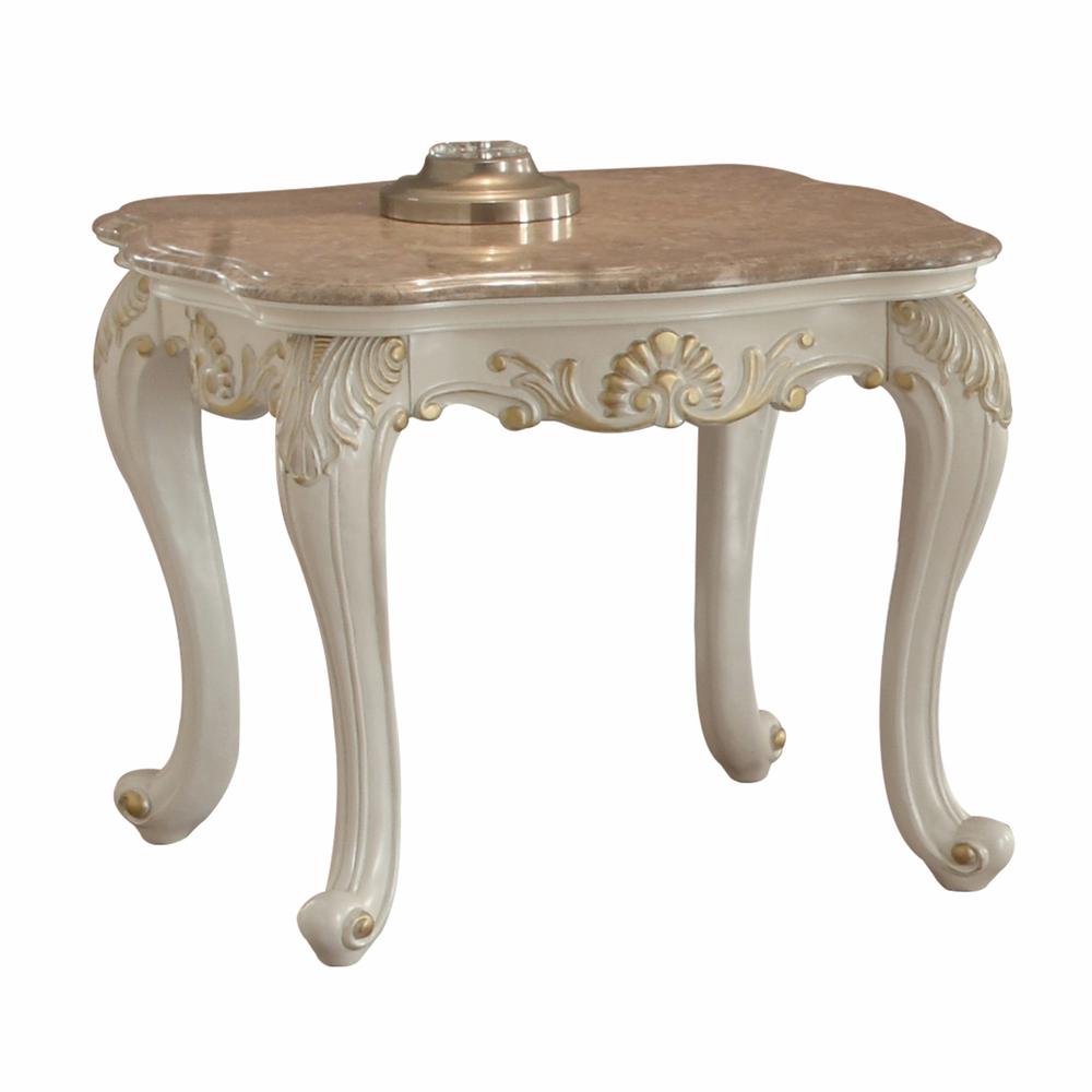 24" Pearl White Brushed With Gold Accents And Light Brown Marble End Table. Picture 1