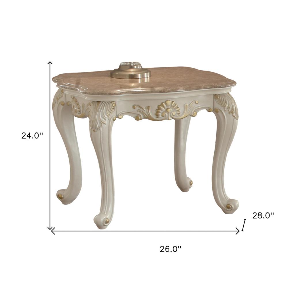 24" Pearl White Brushed With Gold Accents And Light Brown Marble End Table. Picture 7
